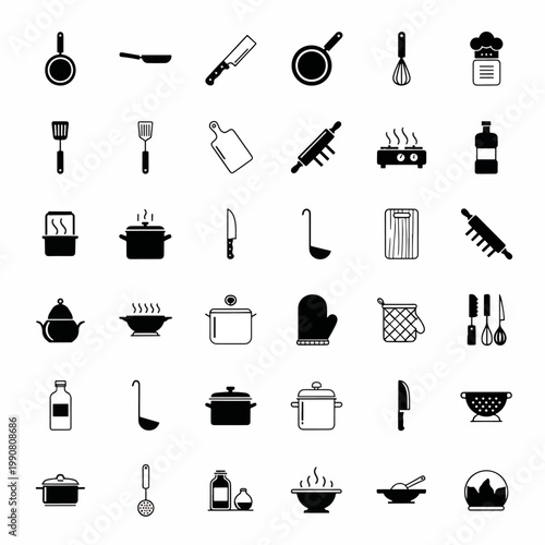 Collection of Kitchen Utensils and Cooking Equipment Icons, Vector Set of Culinary Tools and Cookware Elements