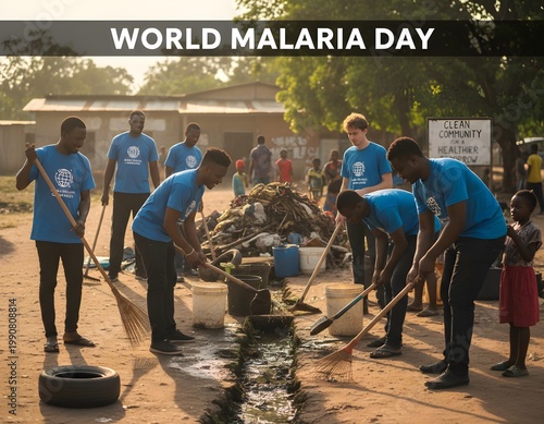 World Malaria Day Community Cleanup: Volunteers Cleaning Drain to Prevent Mosquito Breeding. 
