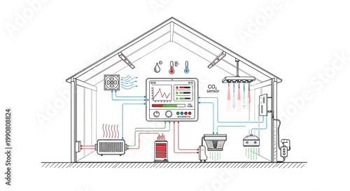 A detailed technical line art illustration depicts a modern greenhouse interior with a central climate control panel managing heating and ventilation.