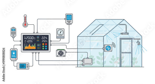 The detailed greenhouse structure connects to a central control panel featuring various environmental sensors and active irrigation sprayers for plant growth.