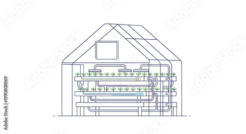 A meticulous linear outline drawing of a modern greenhouse displays tiered hydroponic shelves with vibrant nutrient pipes and efficient lighting fixtures.