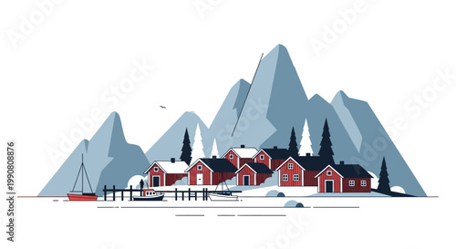 Illustration of a snowy mountain village by the sea.