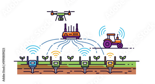 A drone flies over a cultivated field with soil sensors and a tractor, all wirelessly connected to a central orange router unit for data processing.