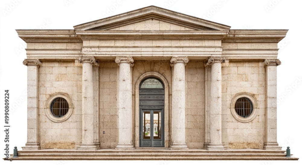Obraz premium Grand neoclassical building with columns, arched entryway, circular windows, and pediment
