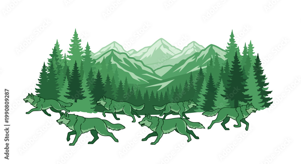 Fototapeta premium wolves running through forest landscape.