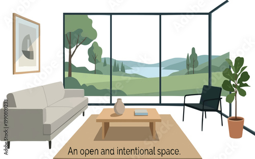 This is a digital design of a peaceful living room painted in a modern style, with large windows overlooking beautiful nature and minimal furniture creating a cozy atmosphere.