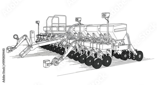 A detailed technical line drawing of a precision seeding machine with multiple wheels, cameras, and hoppers is isolated against a clean white background.