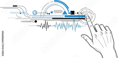 Conceptual vector illustration of human hand touching digital interface with data waves and circuits for futuristic technology and artificial intelligence projects