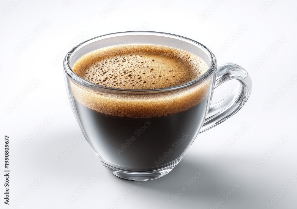Fototapeta premium Clear glass cup filled with dark, frothy coffee against a white background