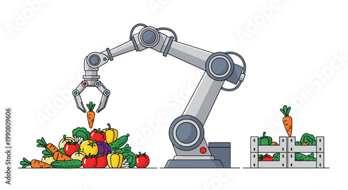 A precise robotic arm with a mechanical claw carefully selects a fresh carrot from a diverse pile of colorful vegetables in a clean, modern sorting facility.
