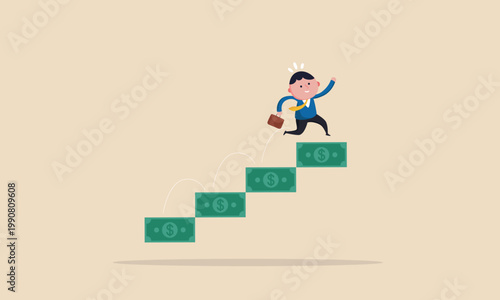 Businessman climbing stairs made of money towards financial success and growth