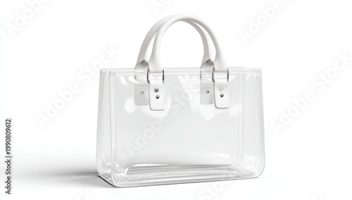 A clear vinyl tote bag with white handles and buckle details on a white background