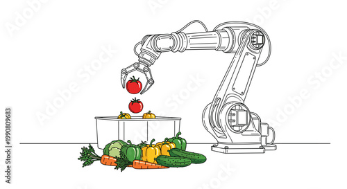 An elegant minimalist black and white line art illustration depicts a robotic arm carefully dropping a ripe red tomato into a simple plastic food container.