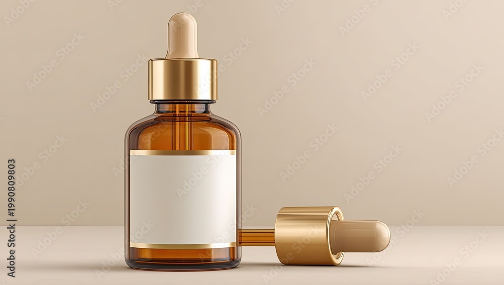 Naklejka premium Amber glass dropper bottle with golden accents and blank label, beside its dropper
