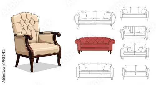 Furniture design showcase featuring a large classic armchair and various sofa outlines with one red highlighted sofa.
