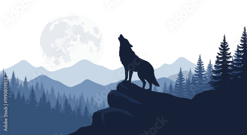 A wolf howls at the moonlight in a forest landscape.