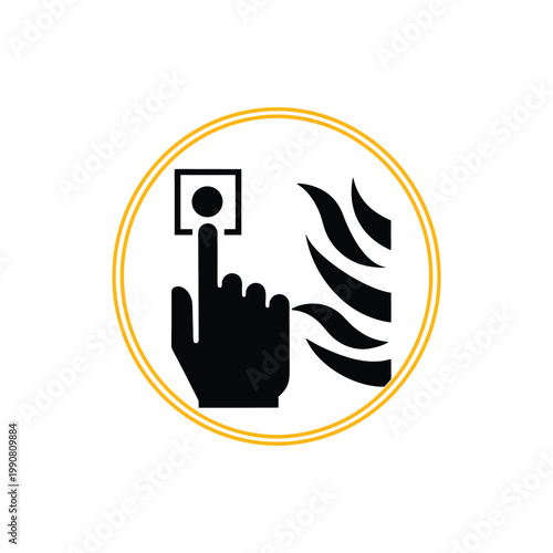 Doorbell ringing icon, hand pressing button symbol, home entry notification, smart door alert and visitor signal vector illustration isolated.