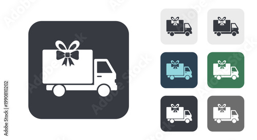 Delivery truck icon with a large gift bow on the cargo area representing fast delivery and gift shipping services.