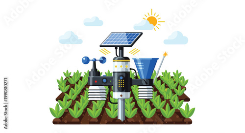 A detailed smart weather station featuring a solar panel, wind gauge, and multiple sensors is installed within a lush green vegetable garden under the sun.