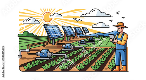 A farmer wearing a hat uses a digital tablet to monitor a series of solar-powered irrigation pumps watering rows of crops in a sun-drenched agricultural field.