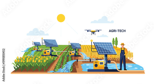 A diligent farmer manages modern solar-powered irrigation pumps in a vibrant, sun-drenched agricultural field with lush crops under a clear blue sky.