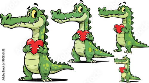 Cartoon crocodile holding a red heart, friendly alligator mascot character set, cute green reptile vector illustration for Valentine's Day