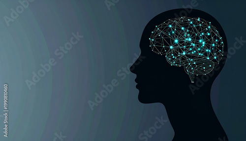Digital brain neural network within human head silhouette