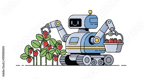 A blue tracked agricultural robot uses two precise mechanical arms to harvest ripe strawberries and place them into a basket in a productive garden.