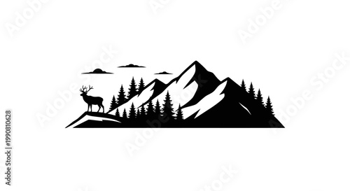 Black silhouette of a deer standing on a hill with mountains and trees.