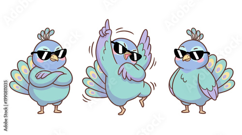 Three cartoon birds wearing sunglasses dancing 1.