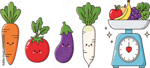 Cute Kawaii Vegetable and Fruit Characters Vector Set with Carrot Tomato Eggplant Radish and Kitchen Scale for Healthy Food Design