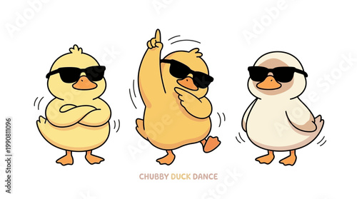 Three cartoon ducks wearing sunglasses dancing.