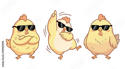 Three cartoon chickens wearing sunglasses dancing.