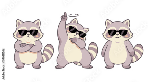 Three raccoons wearing sunglasses standing.