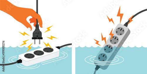 Dangerous Electric Power Strip in Water Vector Set with Sparking Plug and Lightning Bolt for Electrical Hazard Safety Warning Design