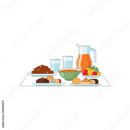 Assorted breakfast items displayed on a table with drinks and fruit