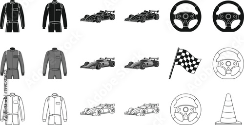 Racing Icon Set Featuring Racing Suits, Cars, Steering Wheels, Checkered Flags, and Cones for Motorsport and Racing Events