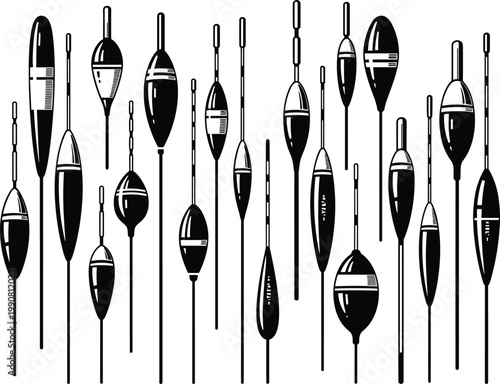 Fishing Float Icon Set Featuring Various Designs for Fishing Gear and Outdoor Sport Illustrations