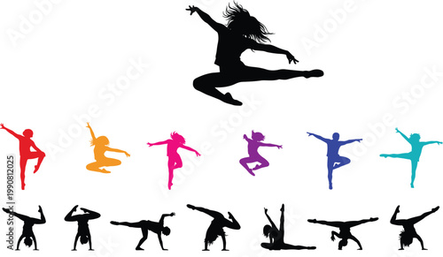 Large collection of athletic dancer silhouettes performing contemporary jazz dance jumps and yoga gymnastics poses in black and colorful flat vector style on white background