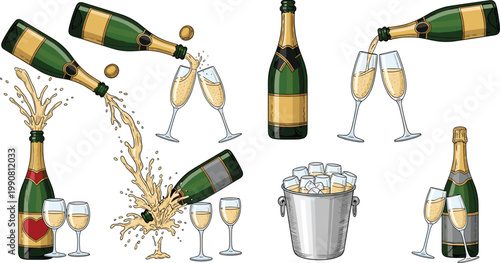 Elegant Champagne Bottle Collection Vector Set with Glasses, Ice Bucket, Pouring Splash and Celebration Elements for Festive Design