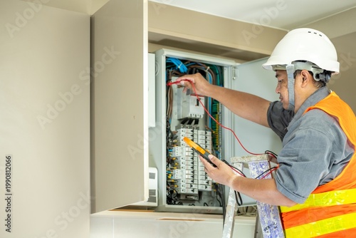 Professional electrician wea safety helmet and reflective vest working on electrical panel, testing wi and electrical connections with multimeter in a commercial building