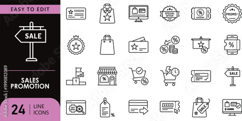 A collection of line icons for sales promotion and discount advertising