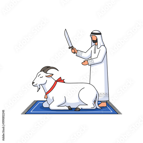 Traditional goat sacrifice ritual with a person in cultural attire holding a knife