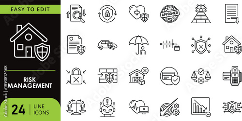 A collection of line icons related to risk management and security