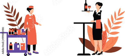Professional Hotel Waitress and Room Service Staff Vector Set with Beverage Cart and Wine Tray for Hospitality Industry Design