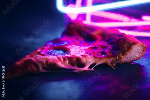 A close up of a pepperoni pizza slice with neon lighting