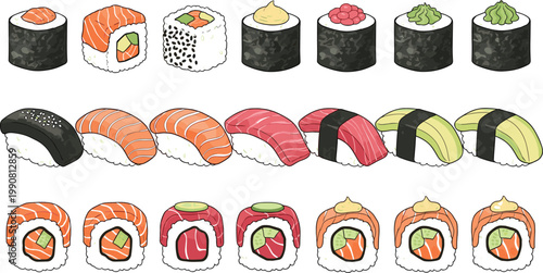 Sushi Icon Set Featuring Various Rolls, Nigiri, and Sashimi in Colorful and Detailed Designs