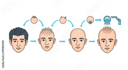 Medical illustration showing the stages of male pattern hair loss followed by a robotic hair transplant procedure on a scalp.
