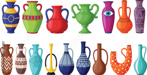 Colorful Decorative Vase Icon Set Featuring Traditional and Modern Designs for Home Decor and Pottery Art