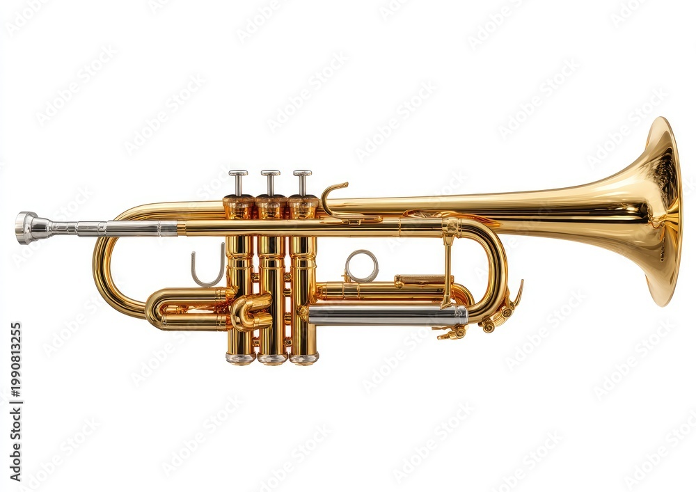 Obraz premium Gleaming golden brass trumpet with silver accents, isolated on white